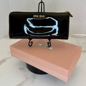 Miu Miu Black Patent Leather Bow, 3/4 Zip Wallet. Box included